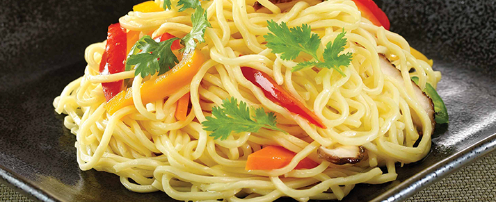 Plate of foodservice Amoy Asian Yakisoba Noodles in a restaurant setting